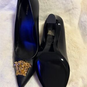 Versace Black Heels with Gold Medusa Accent